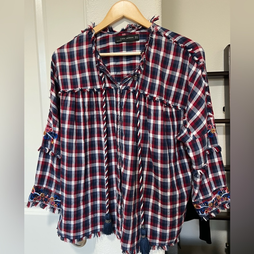 ZARA Woman Plaid Floral Embroidered Blouse with Tassels